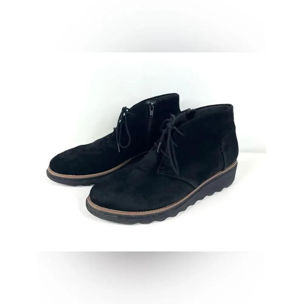 Clarks Sharon Hop Black Suede Booties Lace Zip Wedge Women 8 M